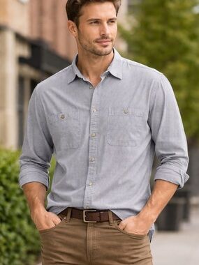 Patagonia Men's Organic Cotton light blue grid pattern. Casual Button-Down Shirt